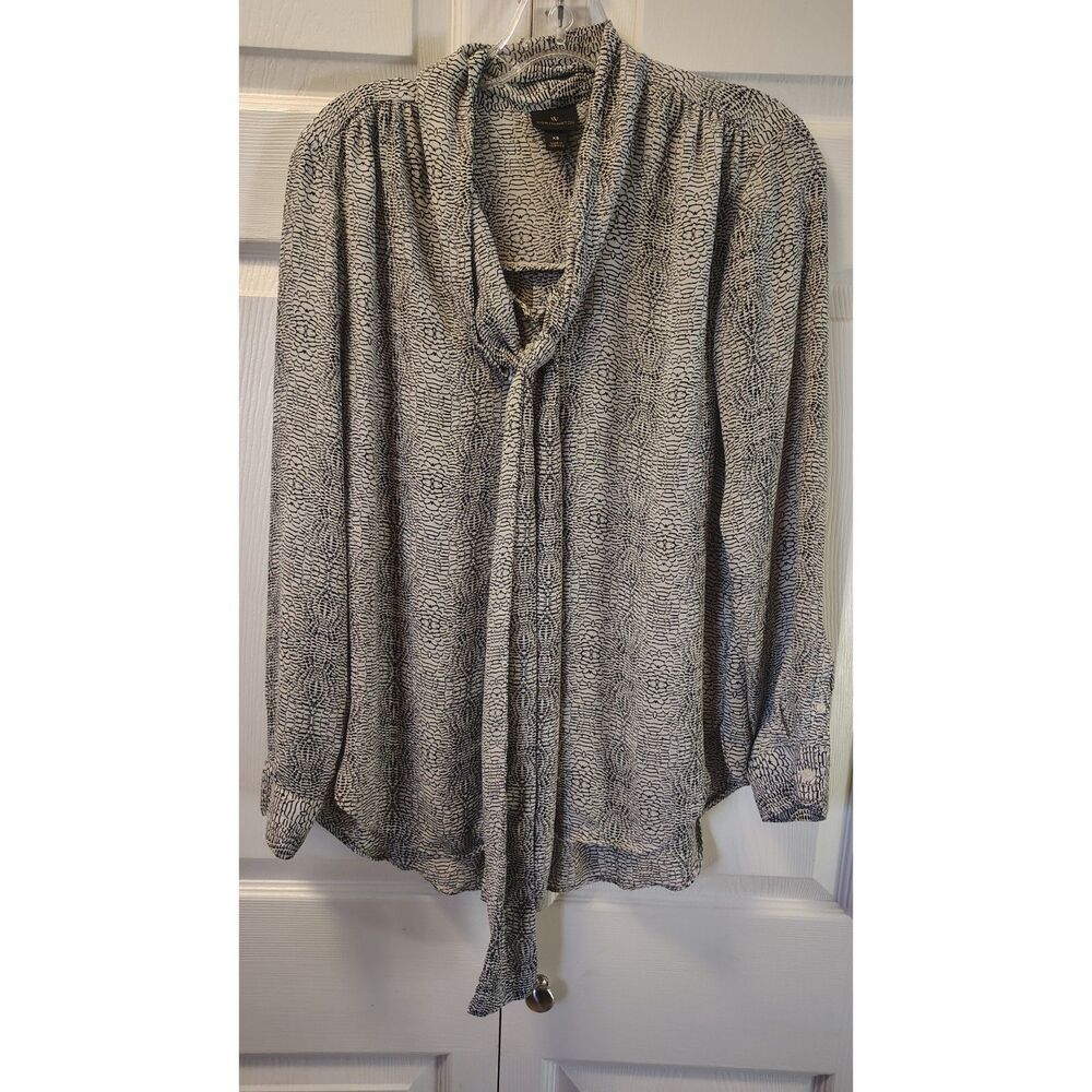 Worthington Tie-Neck Long Sleeve Blouse - Black & White Pattern XS